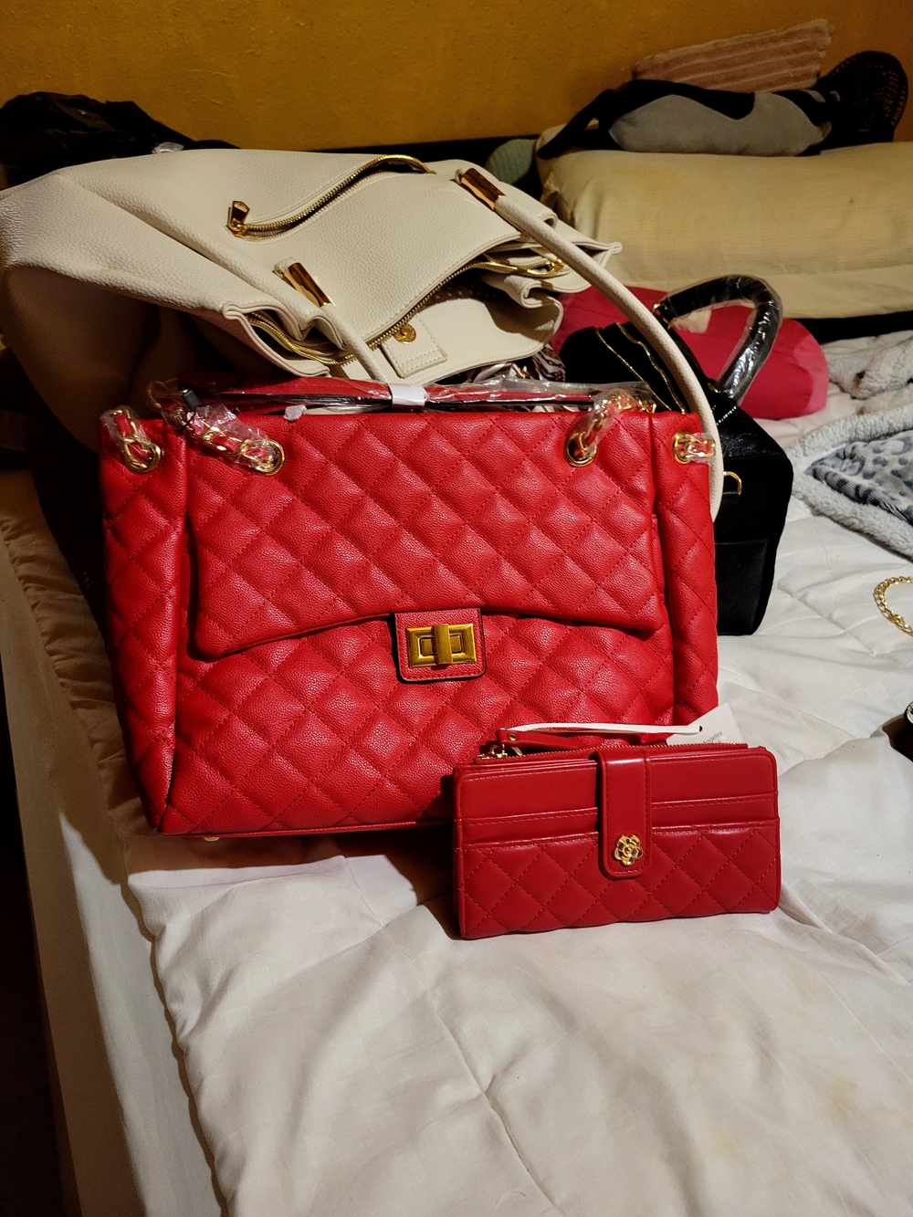 Quilted Red Tote and Wallet Set - Elegant Shoulder Bag